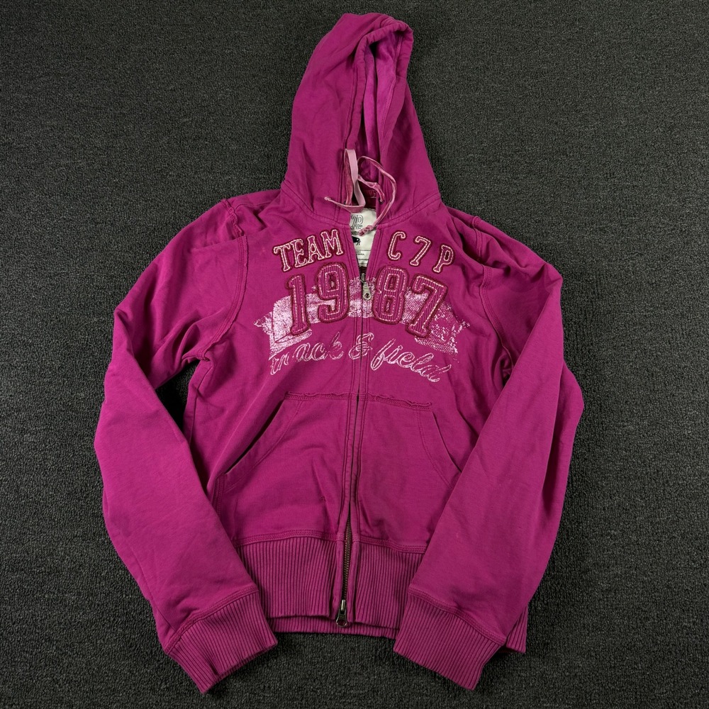 Chip and Pepper Hoodie Womens Small Full Zip Magenta Track & Field Graphic EUC